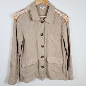 Mystree Cotton Gauze Shirt Jacket Shacket Tan Western Women's Small Button Down‎